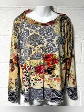 Rene Derhy Artsy Floral Damask Beaded Patchwork Top Shirt Size 14/16 Fairy